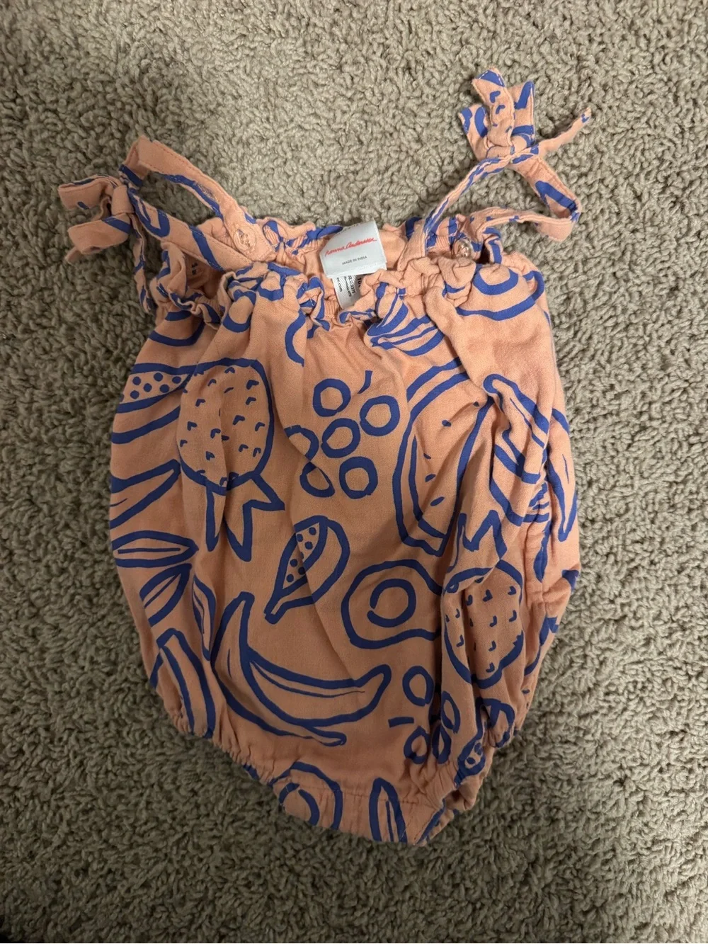 Hanna Andersson Peach Bubble Romper with Blue Fruit Print